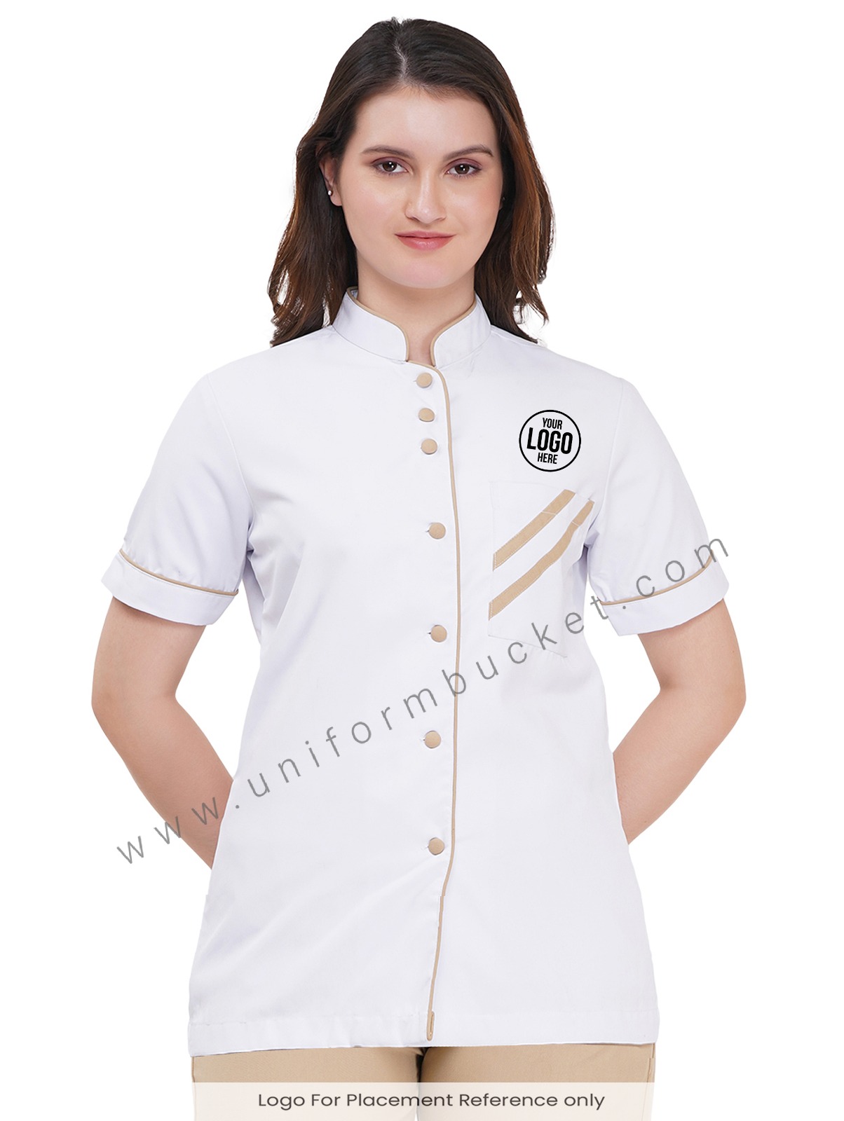 FEMALE WHITE TOP WITH KHAKI TRIM & PATCH POCKET view 1